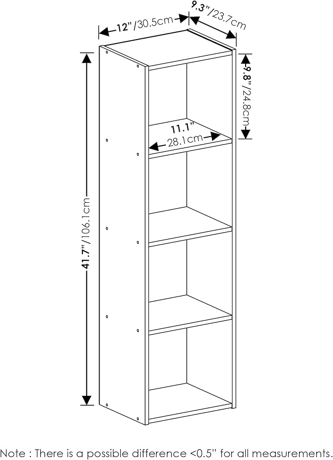 Furinno PASIR Book Shelf, 4-Tier Modern Bookshelf, Open Shelves Bookcase 9 x 12 x 42, for Living Room, Bedroom, Home Office, Blackwood