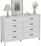 LYNSOM Farmhouse 8 Drawer Dresser for Bedroom, 55 Inch Wide Wood Rustic Chest of Drawers with X-Marking & Bar Handle, Large Storage Dressers Organizer for Bedroom, Hallway, White