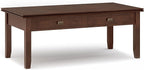 SIMPLIHOME Artisan Coffee Lift Top Table - 46 inch Wide Solid Wood Contemporary Cocktail Table in Russet Brown, Living Room with Hidden Storage Compartment, Open Shelf, and Square Knobs