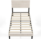 WLIVE Twin Size Upholstered Bed Frame, Velvet Square Tufted Headboard,Sturdy Metal & Wooden Slats Support, No Box Spring Needed, Light Grey