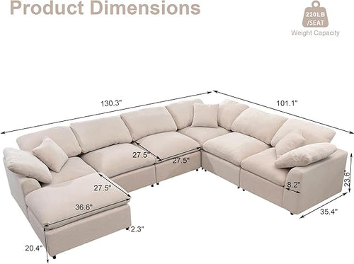 129.3" Oversized Modular Sectional Sofa, U Shaped Couch with Movable Ottoman, Large 7 Seat Corner Couches for Living Room, Spacious Space, Beige