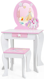 HONEY JOY Unicorn Kids Vanity, Toddler Makeup Table with Mirror and Stool, Wooden Pretend Play Vanity for Little Girls, Detachable Mirror and Storage Drawer, Kids Vanity Table and Chair Set (White)