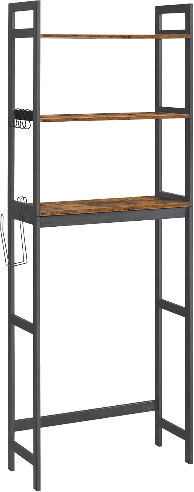 SONGMICS Over-The-Toilet Storage, 3-Tier Bathroom Organizer Over Toilet with Adjustable Shelves, Hooks, Bamboo, Freestanding Space Saver Bathroom Shelves, Rustic Brown and Ink Black UBTS012B01