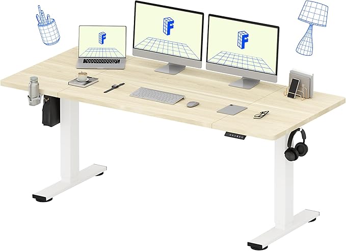 FLEXISPOT 71x32 Inch Electric Large Standing Desk for Home & Office, Spacious Splice Board Desk with Cable Management & Organizer, Cup Holder & Hook, White Wood Grain