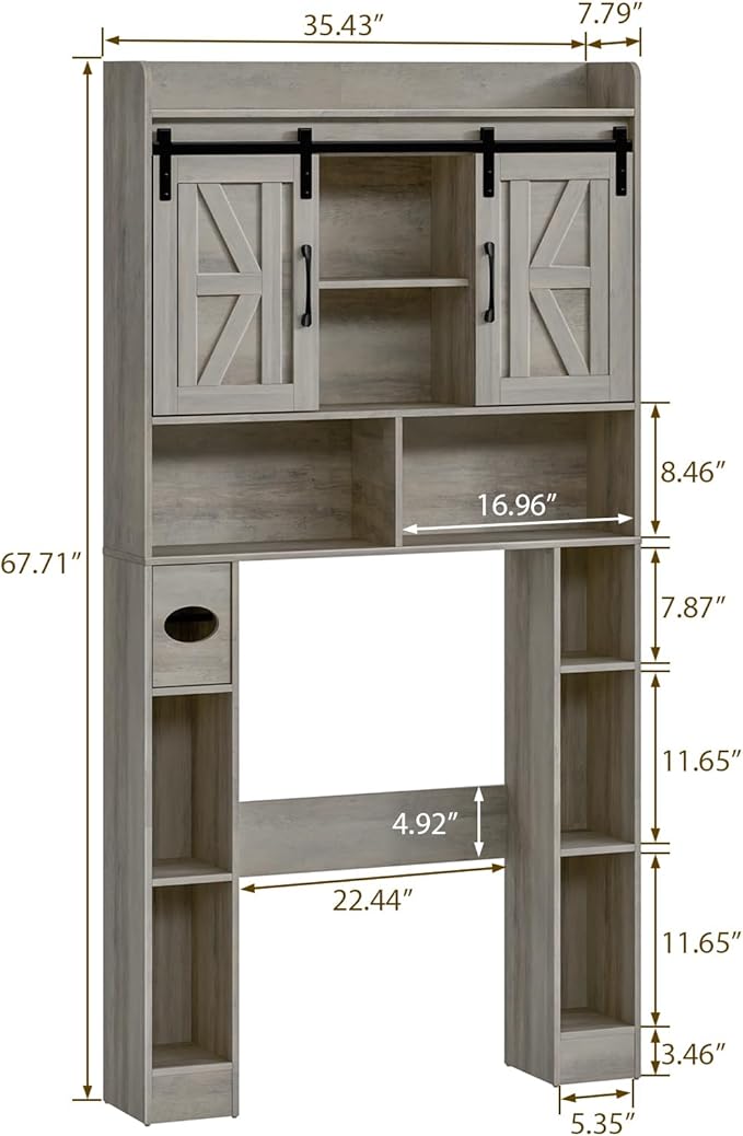 Farmhouse Storage Cabinet Over Toilet with Sliding Doors，Over The Toilet Storage Cabinet, Home Space-Saving Toilet Rack, for Bathroom, Restroom, Laundry