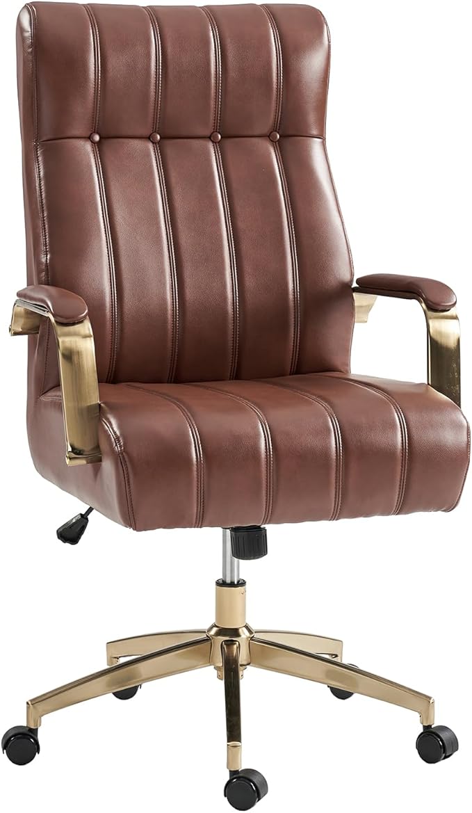 HULALA HOME Modern Executive Office Chair, Faux Leather Tufted Ergonomic Desk Chair with Gold Plated Base & Armrests, 360° Swivel Adjustable Height Tilt Home Office Chair for Work/Study
