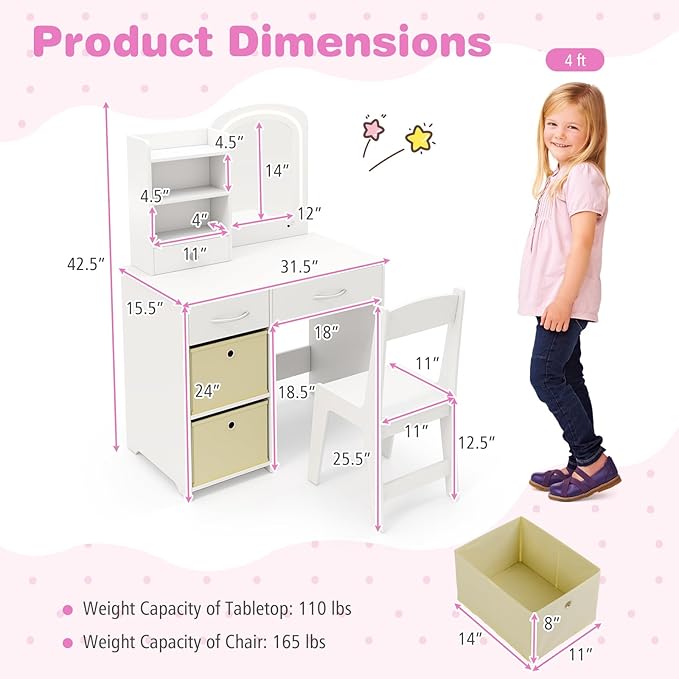 GLACER Kids Vanity Table and Chair Set, Princess Makeup Vanity Desk with 5 Drawers, Open Shelves, Mirror, 2-Color LED Lights, Wooden Toddler Vanity, Pretend Play Vanity Set for Little Girls (White)