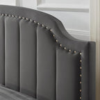 24KF Velvet Fabric Upholstered Queen/Full Headboard with Nail Trims,Modern Vertical Channel Design with Curved Headboard,6052-Q-Dark Gray