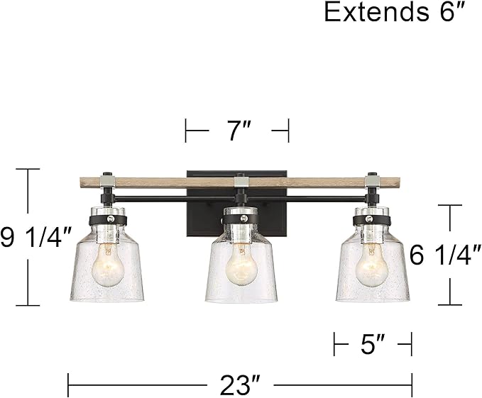 Possini Euro Design Broadway Modern Industrial Wall Light Black Painted Faux Wood Hardwired 23" 3-Light Fixture Clear Seedy Glass Shade for Bedroom Bedside Bathroom Vanity Living Room Hallway House