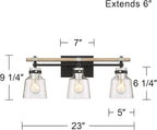 Possini Euro Design Broadway Modern Industrial Wall Light Black Painted Faux Wood Hardwired 23" 3-Light Fixture Clear Seedy Glass Shade for Bedroom Bedside Bathroom Vanity Living Room Hallway House