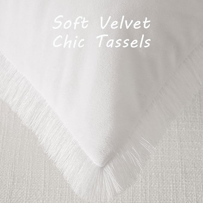 FUTEI Cream White Velvet Decorative Throw Pillow Covers 20x20 Set of 2,Soft Cozy Edge with Tassels Cushion Case,Boho Modern Home Decor for Couch Bed Living Room