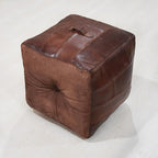 Handmade Eco-Friendly Geometric Leather Pouf Brown Color Square 14" x 14" x 14" Pouf for Living Room, Bedroom Seating, Patio