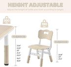 Kids Table and 2 Chairs Set, Height-Adjustable Toddler Table and Chairs Set with Graffiti Desktop, 23.6''L x 23.6''W Children Activity Table for Daycare, Classroom, Home, Burlywood-w