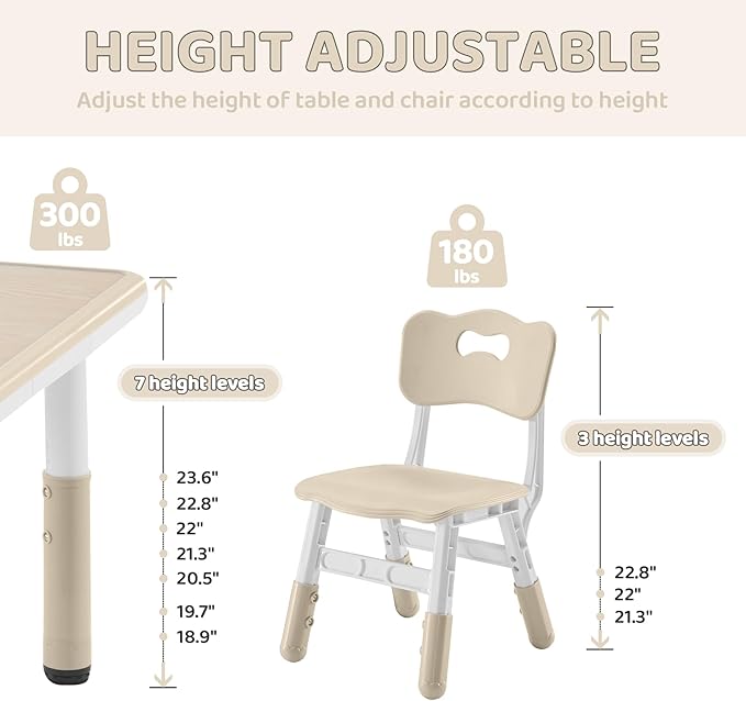 Kids Table and 2 Chairs Set, Height-Adjustable Toddler Table and Chairs Set with Graffiti Desktop, 23.6''L x 23.6''W Children Activity Table for Daycare, Classroom, Home, Burlywood-w