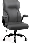 Executive Office Chair, High Back Ergonomic Comfy Desk Chair with Padded Flip-up Armrests and Wheels, PU Leather Heavy Duty Computer Swivel Rolling Task Chair for Home Office, Adults, Gray