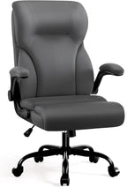 Executive Office Chair, High Back Ergonomic Comfy Desk Chair with Padded Flip-up Armrests and Wheels, PU Leather Heavy Duty Computer Swivel Rolling Task Chair for Home Office, Adults, Gray