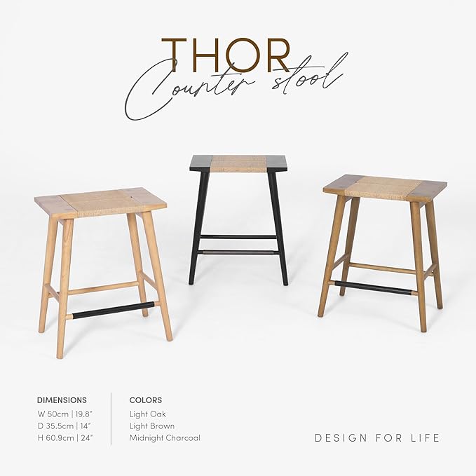 Thor Wicker Premium Solid Wood Counter Stool 24", Set of 2, Backless Counter Height Stool with Hand-Knitted Rope, Eco-Friendly Modern Design (Light Oak)