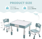 4 in 1 Kids Table and 2 Chairs Set with Storage, Toddler Table and Chair Set for Kids Ages 3-10, Graffiti & Building Blocks Double-Sided Tabletop (Grayish Blue, 2 Chairs)