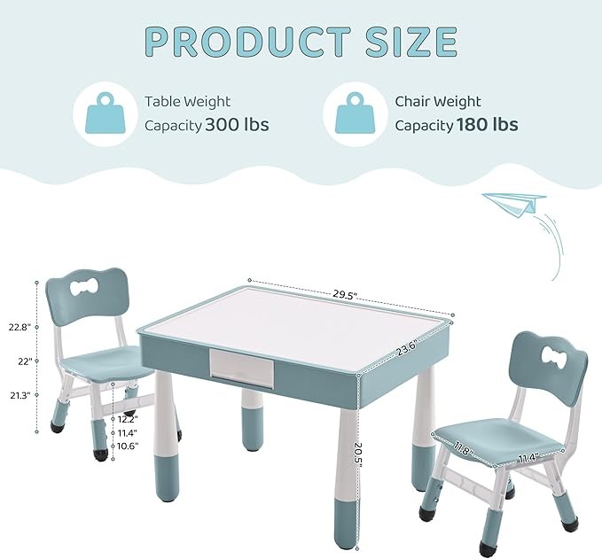 4 in 1 Kids Table and 2 Chairs Set with Storage, Toddler Table and Chair Set for Kids Ages 3-10, Graffiti & Building Blocks Double-Sided Tabletop (Grayish Blue, 2 Chairs)