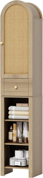 70" Tall Bathroom Storage Cabinet with Rattan Door，Narrow Storage Cabinet with Drawer Adjustable Shelves, Modern Arched Design Bathroom Cabinet for Bathroom, Living Room, Kitchen, Natural
