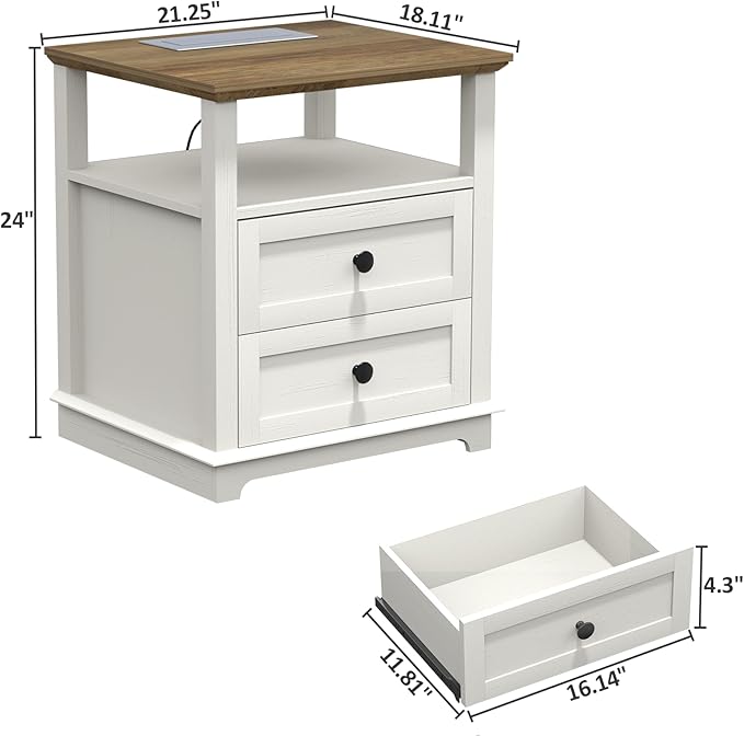 HIFYOBRO Large End Table Set of 2, Flip Top Charging Station and 2 Drawers, Type-C & USB Port & Power outlets, Wooden Storage Cabinet, Side Table with Storage for Living Room and Bedroom (White)
