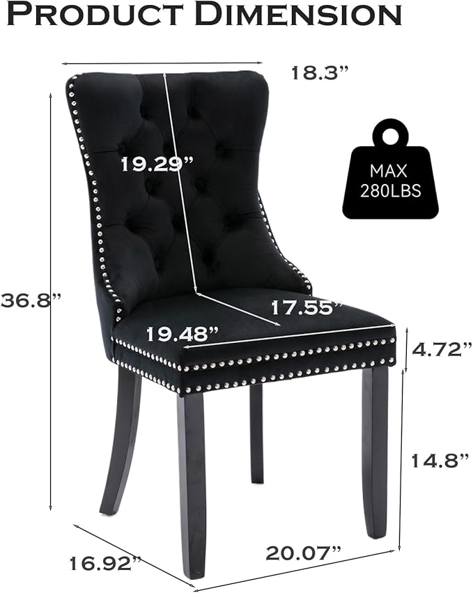 Velvet Upholstered Dining Chairs Set of 4, Modern Style Kitchen Side Chairs with Nailhead Trim and Wood Legs,Metal Pulling Ring for Dining Room Living Room(Black,Set of 4)