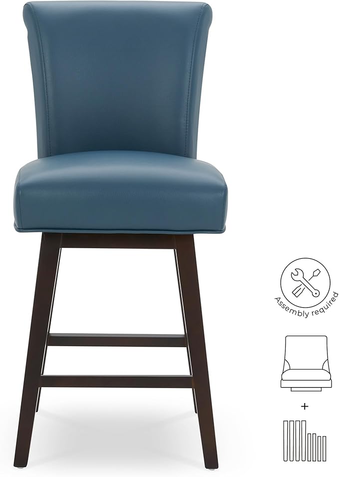 CHITA 26 Inch Counter Height Swivel Bar Stool, FSC Certified Modern Upholstered Faux Leather Swivel Barstool Chair with Back, Blue