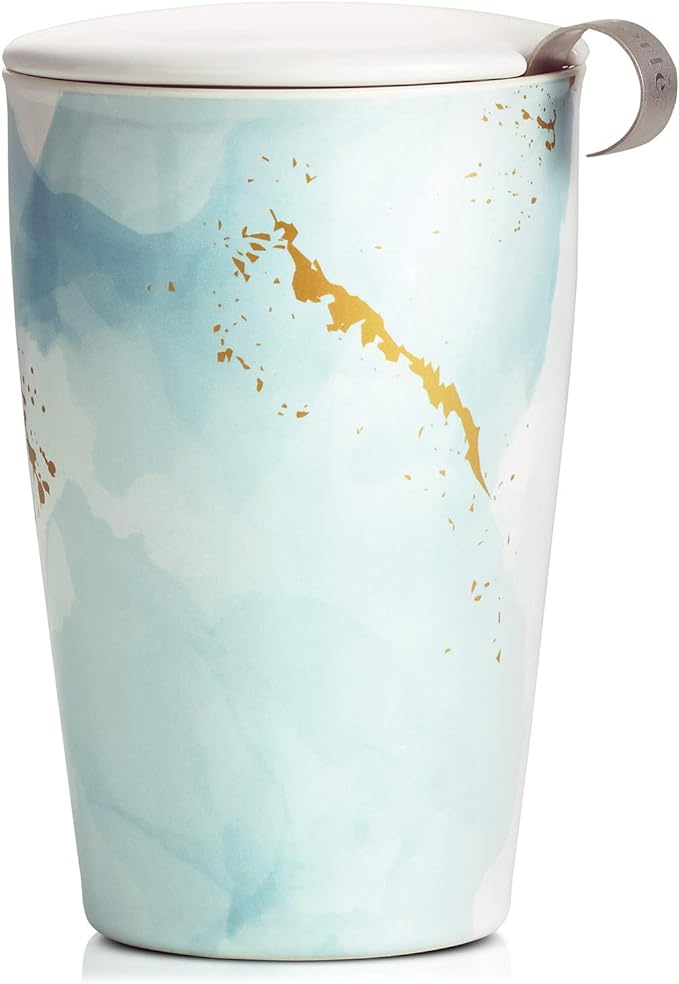 Tea Forte Double-Walled Ceramic Kati Cup, Removable Stainless Steel Infuser Basket and Lid, Steeps 12 oz Loose Leaf Tea, Dishwasher & Microwave Safe, Wellbeing