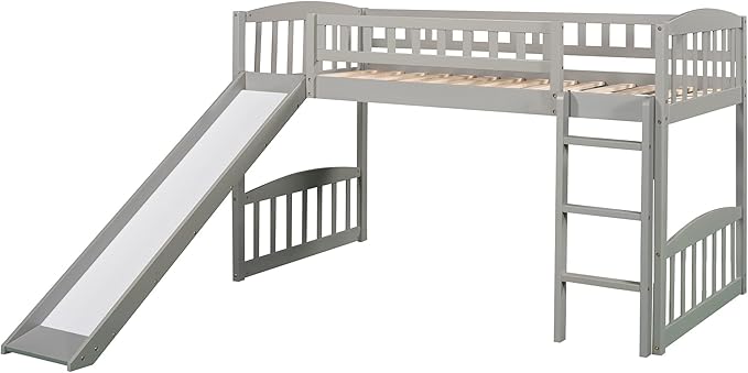 Twin Size Loft Bed with Slide and Ladder,Multifunctional Solid Wood Bed Frame,w/Safety Guardrail & 14 Support Slats,No Box Spring Needed,Easy to Install,for Kids,Teens,Girls,Boys,Grey