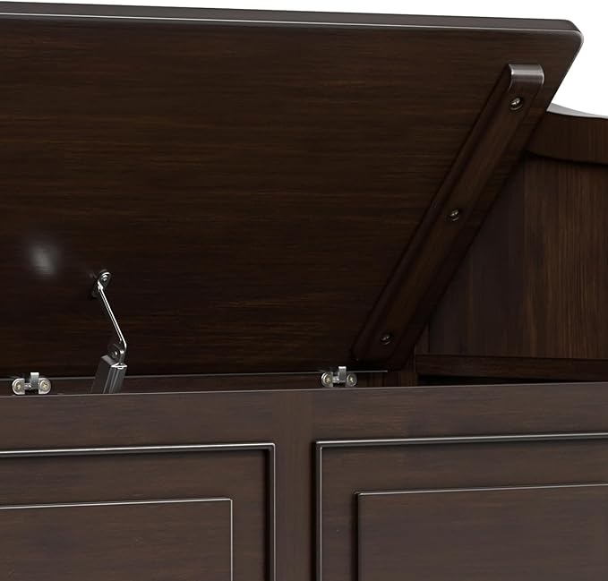 SIMPLIHOME Connaught Entryway Storage Bench - 56 inch Wide Solid Wood Wide Storage Seat in Chestnut Brown, Traditional Bench for Entryway or Living Room with Lift-Up Lid and Paneled Front