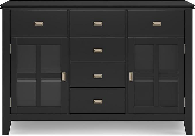 SIMPLIHOME Artisan Buffet - 54 inch Wide Solid Wood 3-Door Sideboard Buffet in Black, Contemporary Storage Cabinet for Dining Room or Kitchen with Adjustable Shelves and Bronze Hardware