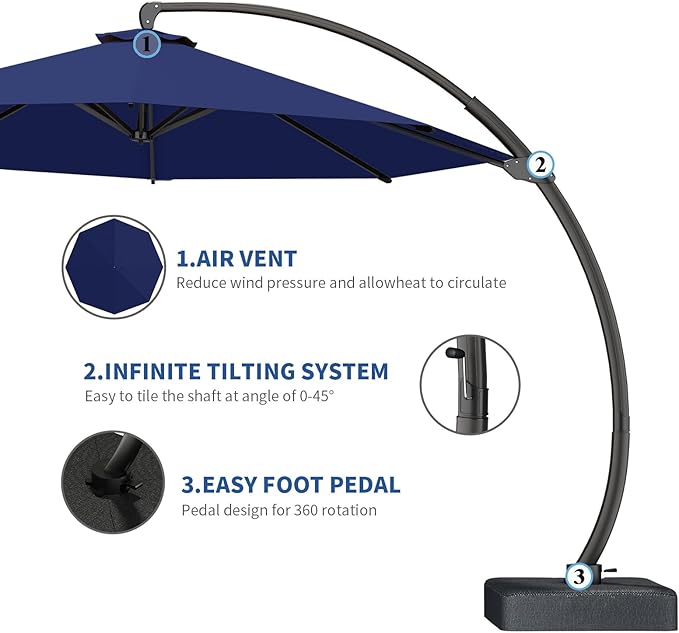 7 Piece Patio Dining Set with 11ft Patio Umbrella (Navy), 7 Gray Outdoor HDPE Dining Set with 6 Chairs + 1 Large Table with 2" Umbrella Hole, for Market, Pool, Garden, Backyard, Deck