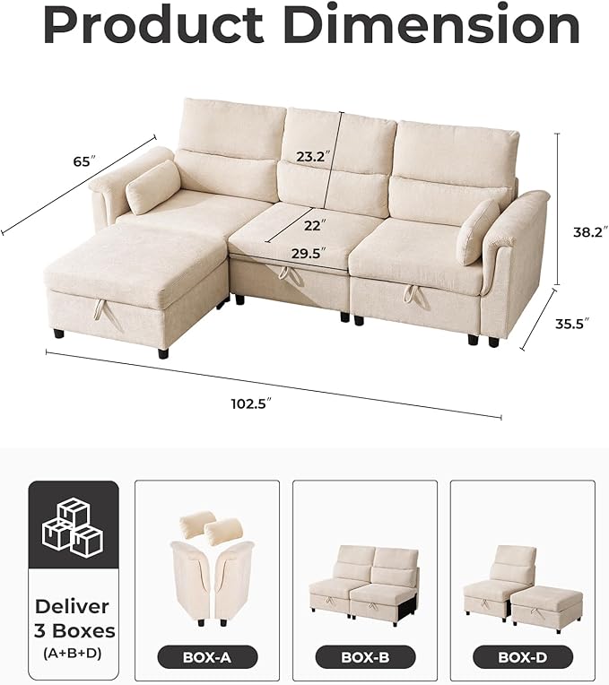 103'' L Shaped Couch, Cloud Modular Sectional Sofa with Storage, Extra Deep Seat, Modern Chenille Sofa with Chaise, Throw Pillows, 4 Seat Convertible Sectional Couches for Living Room, Beige