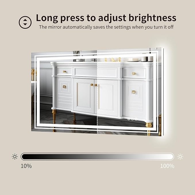WTTY LED Bathroom Mirror 55"x36" with Back and Front Light,Modern LED Mirror for Bathroom,Stepless Dimmable Lighted Bathroom Vanity Mirror with Anti-Fog,Memory Function,Shatter-Proof