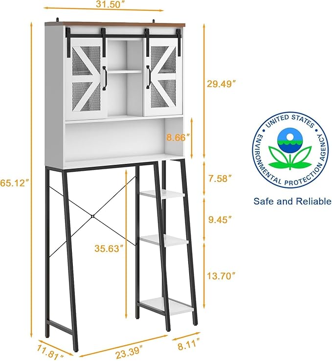 Over The Toilet Storage Cabinet, Farmhouse Storage Cabinet Over Toilet with 2 Sliding Barn Door，Home Space-Saving Toilet Rack, for Bathroom, Restroom, Laundry(White).