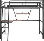 Full Size Loft Metal Bed with Desk and Shelf,Modern Bedroom Bed Frame w/Full-Length Guardrails & Ntegrated Ladder,Slat Support,for Adult Kid Boy Girl Teen,Black