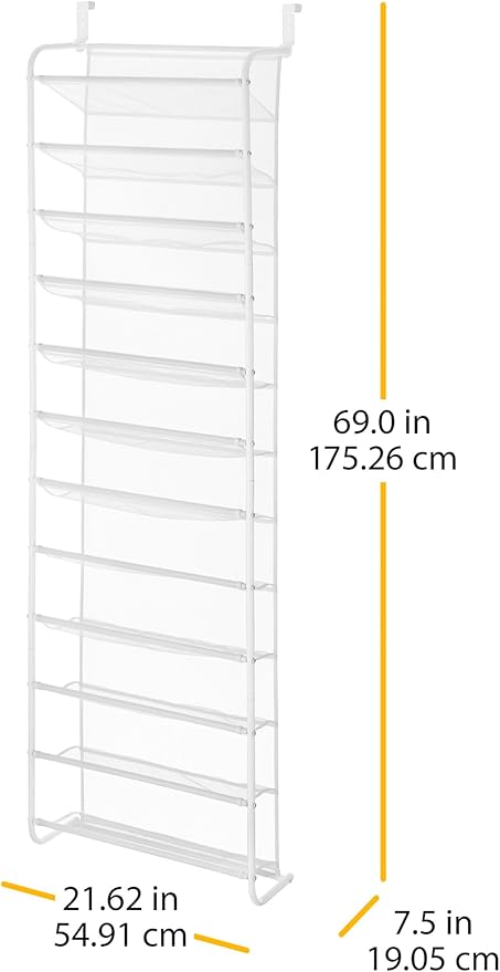Whitmor 36 Pair Over The Door Shoe Rack, 12 Tier Hanging Shoe Organizer, Heavy Duty Metal & Mesh Shoe Holder, Hanging Shoe Rack for Closet Organizer & Storage, 69" L x 21.7" W x 7.5" H, White