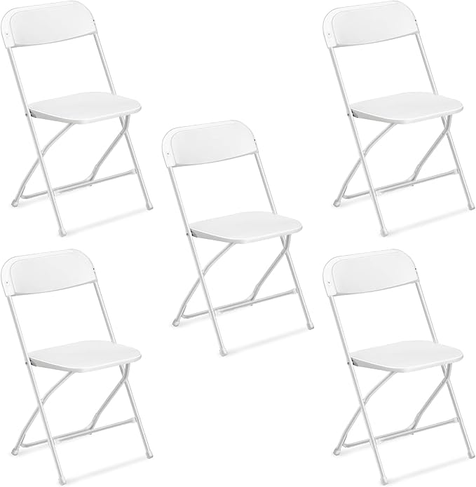 VINGLI 5 Pack White Plastic Folding Chair, Indoor Outdoor Portable Stackable Commercial Seat with Steel Frame 350lb. Capacity for Events Office Wedding Party Picnic Kitchen Dining