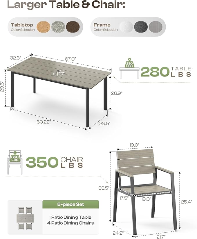 67" Rectangle HDPS Patio Dining Table, Aluminum Outdoor Patio Dining Table with Umbrella Hole, Weather-Resistant for Lawn, Garden, Yard, Poolside and Indoor Use, Gray