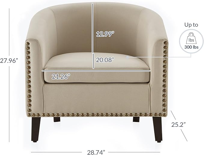 BELLEZE Accent Barrel Chair Set of 2, Modern Tub Club Chair Upholstered Armchair with Gold Nail Head Trim and Black Legs for Living Room Bedroom Apartment Lounge - Beige/Linen