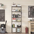 SONGMICS 6-Tier Storage Shelves, Wire Shelving Unit, Kitchen Metal Shelves, Storage Rack with Adjustable Shelves, Shelf Liners, 8 Hooks, for Garage, 11.4 x 23.2 x 63 Inches, Black ULGR066B01