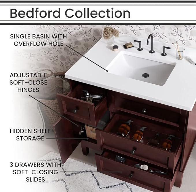Hanover 36 Set Includes w, Brown Bedford 36'' Vanity Sink Combo for Bathroom, Powder Room | Pre-Assembled 1 Door, 3 Drawers | Accent Mirror | Artificial Stone Countertop, Cabinet, 36 inches