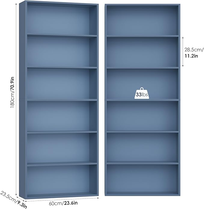 FOTOSOK 70.8" Tall Bookcase Shelf, 6 Tier Wide Bookshelf with Storage, Billy Bookcase Set of 2, Large Bookshelf for Living Room, Home Office,Blue