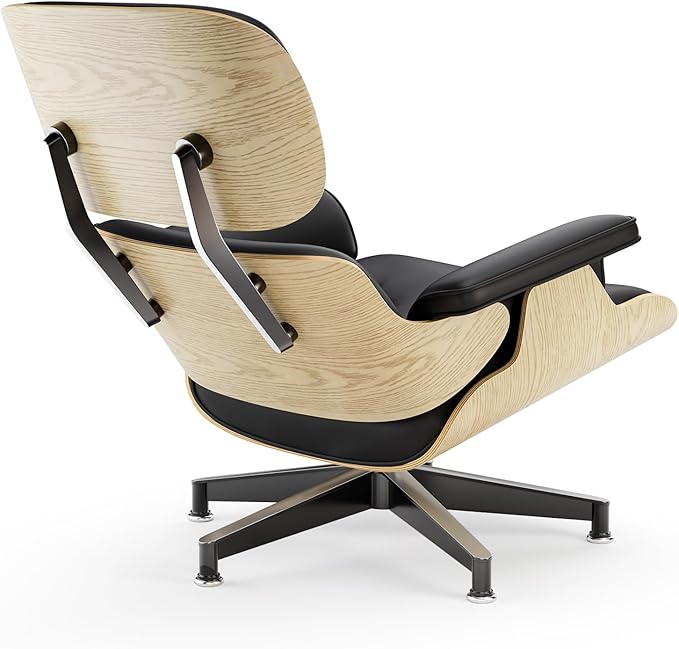 Top Black Grain Leather, Mid Century Chaise Lounge Chair and Ottoman, Modern Chair Classic Design, Ash Wood, Heavy Duty Base Support for Living Room Office