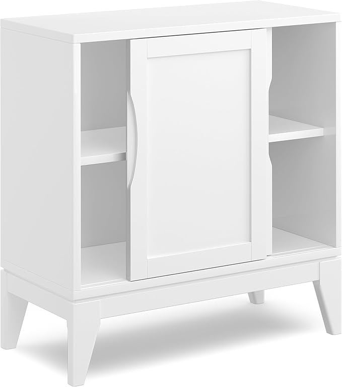 SIMPLIHOME Harper Storage Cabinet - 30 inch Wide Solid Hardwood 2-Shelf Low Console Cabinet in White, Mid-Century Modern Cupboard for Living Room with Sliding Doors and Adjustable Shelves