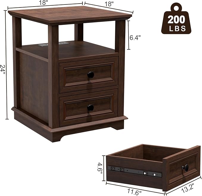 18" Wide End Table with Fast Charging Station Set of 2, 18” Wide Sofa Side Table with Drawers,End Table with Drawers for Living Room,Cherry
