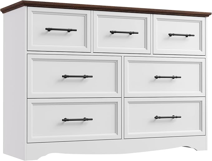 White Farmhouse Dresser for Bedroom, Modern 7 Chest of Drawers, 47" Wide Chest of Drawers w/Brushed Metal Handle, Wood Dresser TV Stand and Storage Cabinet for Bedroom, Living Room, Hallway