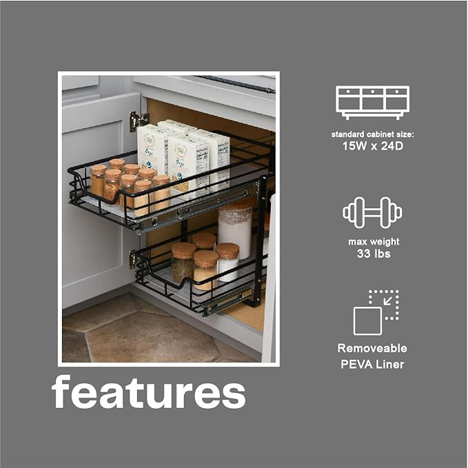 Household Essentials Glidez Multipurpose Paint-Finished Steel Pull-Out/Slide-Out Storage Organizer with Plastic Liners for Under Cabinet Use - 2-Tier Dual-Slide Design, Black