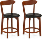 COSTWAY Bar Stool Set of 2, 23.5'' Counter Height Barstools w/Curved Backrest, Faux Leather Cushion & Rubber Wood Frame, Mid Century Modern Island Chairs for Kitchen Bar Cafe, Walnut