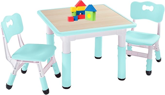 FUNLIO Kids Table and 2 Chairs Set, Height Adjustable Toddler Table and Chair Set for Ages 3-8, Easy to Wipe Arts & Crafts Table, for Classrooms/Daycares/Homes, CPC & CE Approved (3pcs Set) - Green